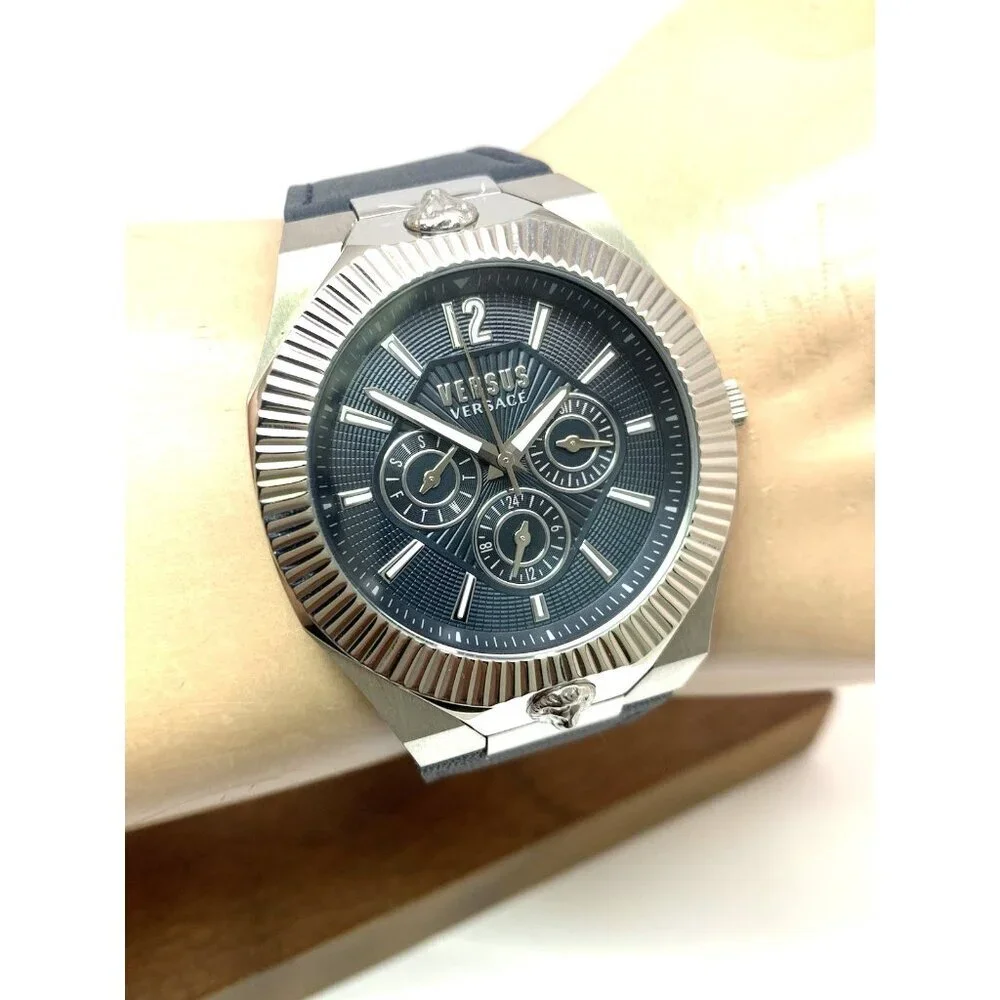 Versus by Versace Mens Watch VSP1P1121 Quartz Blue Gray Dial Silver Leather 42mm